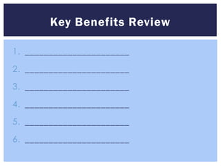 Key Benefits Review

1. ______________________

2. ______________________

3. ______________________

4. ______________________

5. ______________________

6. ______________________
 