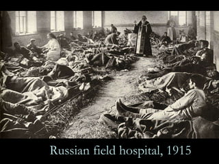 The high costs of the war are evident in the photograph below of a Russian field hospital. The army sustained nearly one million casualties in the summer of 1915 alone, with an equal number of soldiers taken prisoner. Note the women tending to the wounded, the priest blessing the soldiers, and the crowded, uncomfortable conditions for the soldiers huddled on the straw-covered dirt floor. Russian field hospital, 1915 
