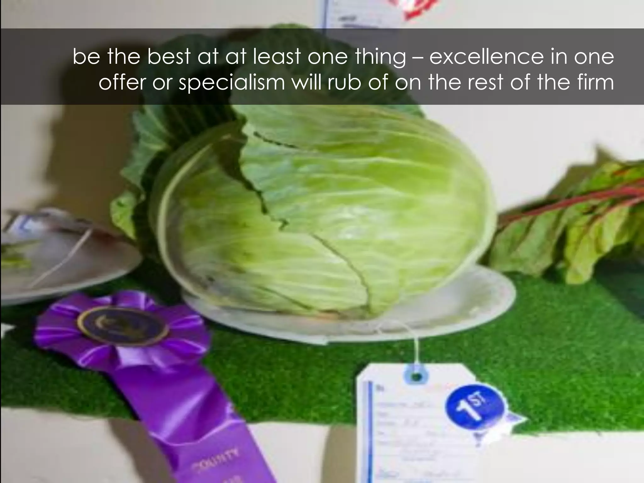 be the best at at least one thing – excellence in one
  offer or specialism will rub of on the rest of the firm
 