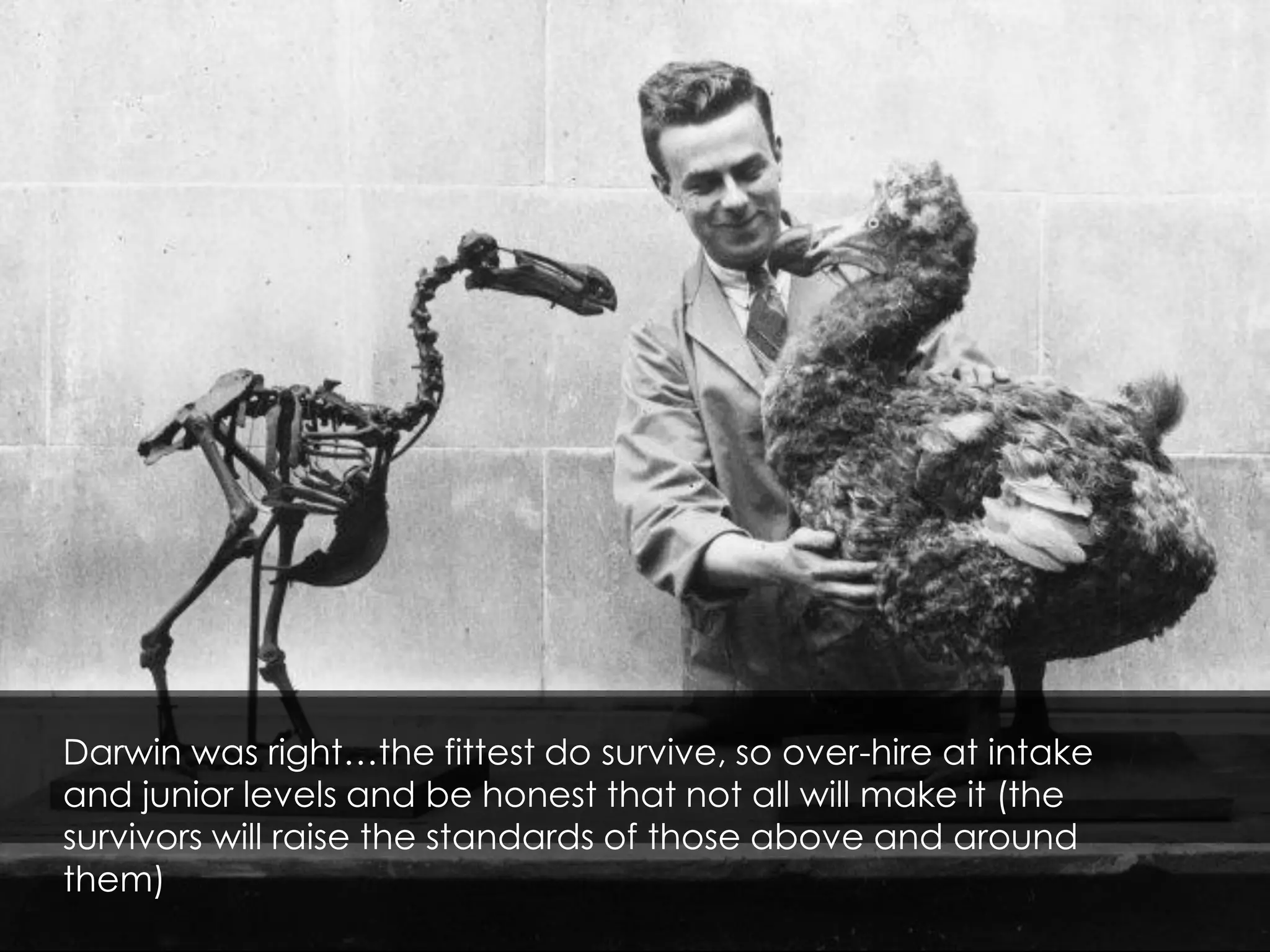 Darwin was right…the fittest do survive, so over-hire at intake
and junior levels and be honest that not all will make it (the
survivors will raise the standards of those above and around
them)
 