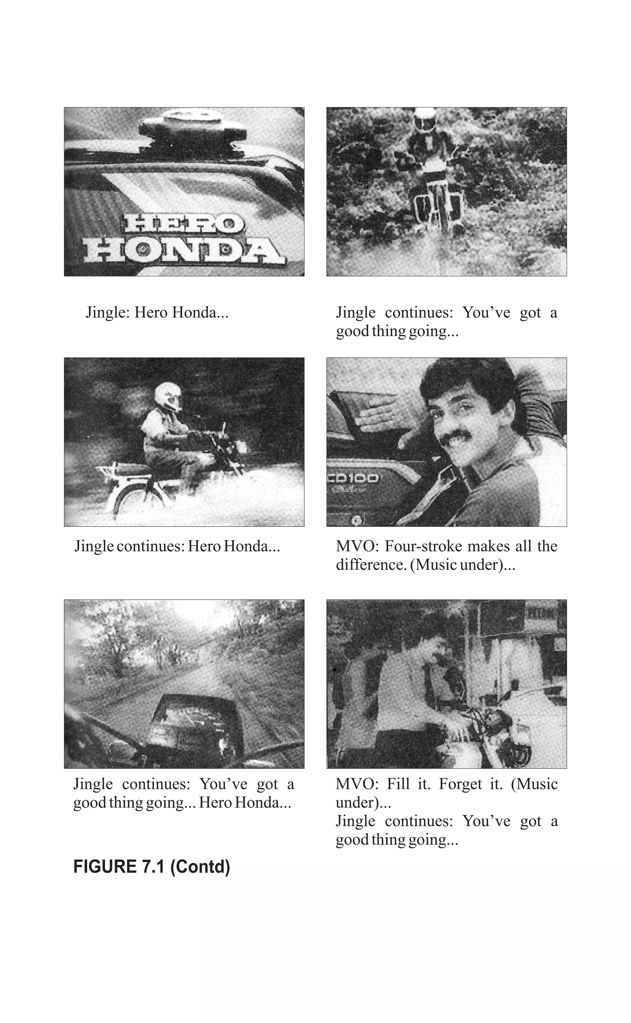 Jingle: Hero Honda... Jingle continues: You’ve got a
good thinggoing...
Jingle continues: You’ve got a
goodthinggoing...Hero Honda...
MVO: Fill it. Forget it. (Music
under)...
Jingle continues: You’ve got a
good thinggoing...
Jinglecontinues:Hero Honda... MVO: Four-stroke makes all the
difference.(Music under)...
FIGURE 7.1 (Contd)
 