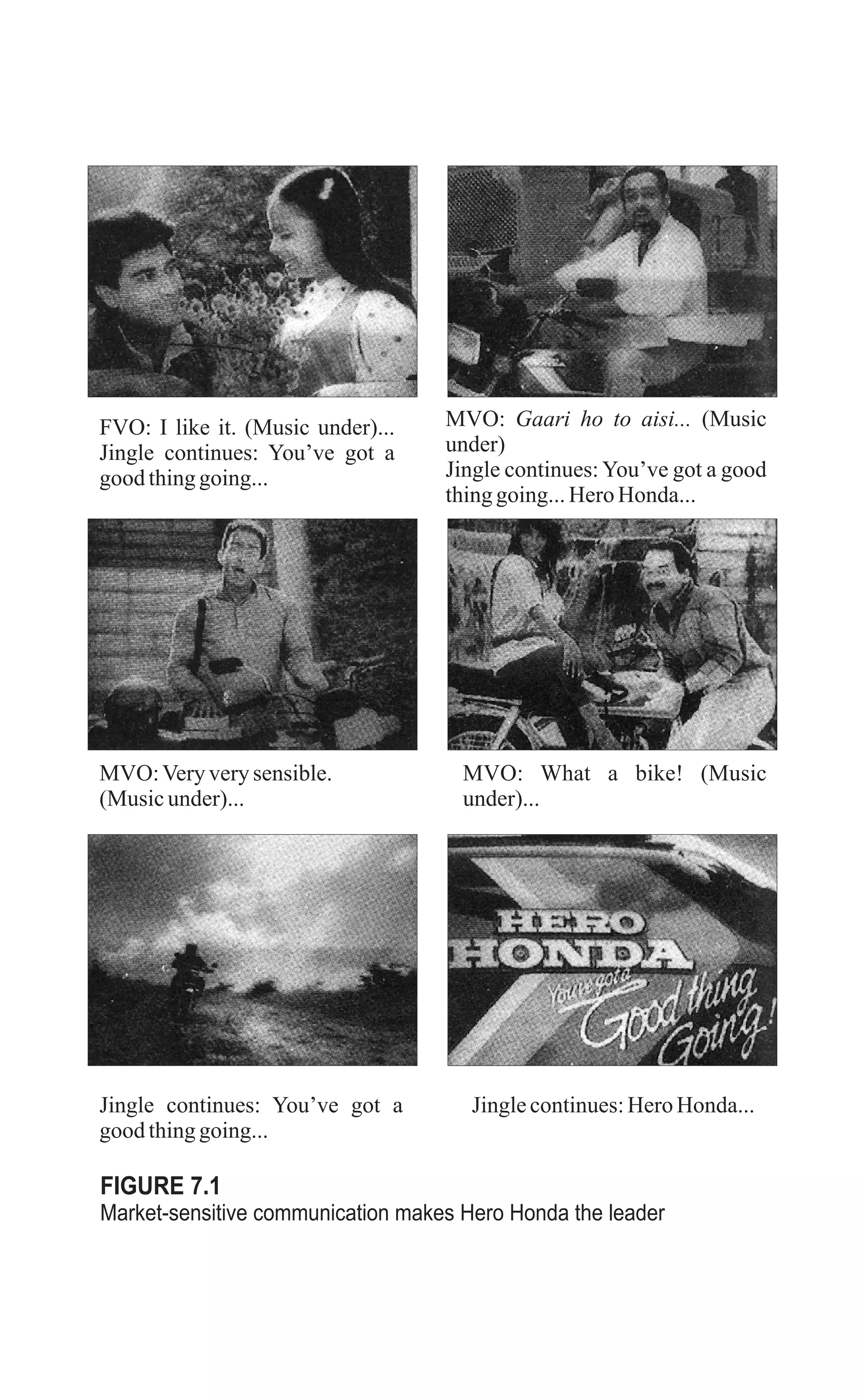 FVO: I like it. (Music under)...
Jingle continues: You’ve got a
goodthinggoing...
MVO: Gaari ho to aisi... (Music
under)
Jingle continues: You’ve got a good
thinggoing...Hero Honda...
Jingle continues: You’ve got a
goodthinggoing...
Jinglecontinues:Hero Honda...
MVO:Veryverysensible.
(Music under)...
MVO: What a bike! (Music
under)...
FIGURE 7.1
Market-sensitive communication makes Hero Honda the leader
 