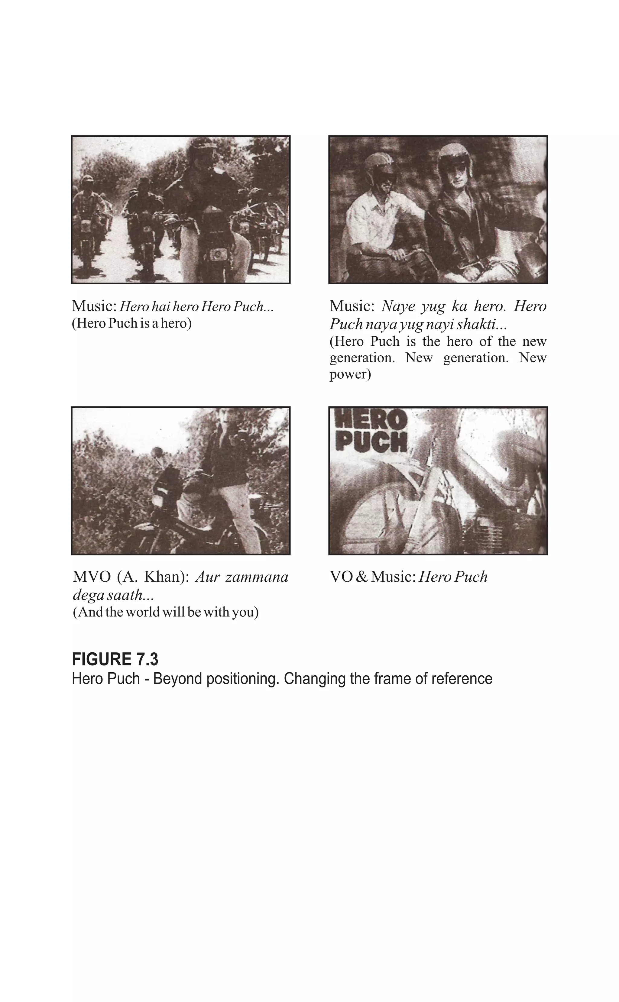 Music:Hero haihero Hero Puch...
(Hero Puch isahero)
Music: Naye yug ka hero. Hero
Puchnayayugnayishakti...
(Hero Puch is the hero of the new
generation. New generation. New
power)
MVO (A. Khan): Aur zammana
degasaath...
(And theworldwillbewithyou)
VO &Music:HeroPuch
FIGURE 7.3
Hero Puch - Beyond positioning. Changing the frame of reference
 