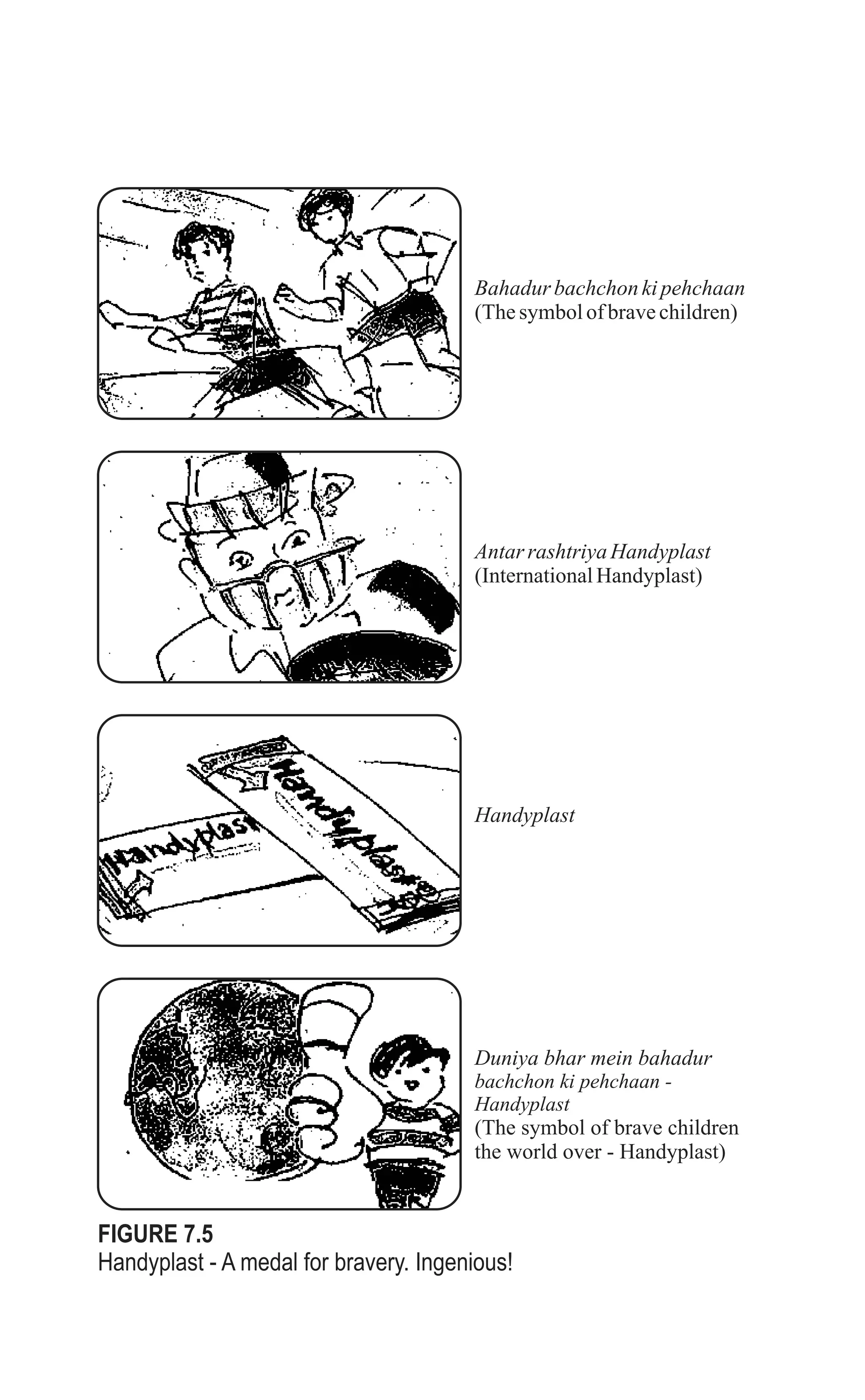 Bahadurbachchonkipehchaan
(Thesymbolofbravechildren)
Antarrashtriya Handyplast
(InternationalHandyplast)
Handyplast
Duniya bhar mein bahadur
bachchon ki pehchaan -
Handyplast
(The symbol of brave children
the world over - Handyplast)
FIGURE 7.5
Handyplast - A medal for bravery. Ingenious!
 