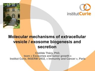 Clotilde Théry, PhD,
team « Exosomes and tumor growth »
Institut Curie, INSERM U932, « Immunity and Cancer », Paris
Molecular mechanisms of extracellular
vesicle / exosome biogenesis and
secretion
 