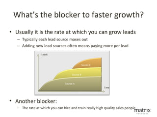 What’s the blocker to faster growth?
• Usually it is the rate at which you can grow leads
   – Typically each lead source maxes out
   – Adding new lead sources often means paying more per lead
                  Leads



                                                 Source C


                                      Source B


                                 Source A
                                                            Time




• Another blocker:
   – The rate at which you can hire and train really high quality sales people
 