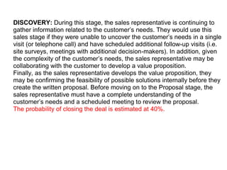 DISCOVERY: During this stage, the sales representative is continuing to
gather information related to the customer’s needs. They would use this
sales stage if they were unable to uncover the customer’s needs in a single
visit (or telephone call) and have scheduled additional follow-up visits (i.e.
site surveys, meetings with additional decision-makers). In addition, given
the complexity of the customer’s needs, the sales representative may be
collaborating with the customer to develop a value proposition.
Finally, as the sales representative develops the value proposition, they
may be confirming the feasibility of possible solutions internally before they
create the written proposal. Before moving on to the Proposal stage, the
sales representative must have a complete understanding of the
customer’s needs and a scheduled meeting to review the proposal.
The probability of closing the deal is estimated at 40%.
 