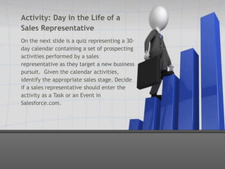 Activity: Day in the Life of a
Sales Representative
On the next slide is a quiz representing a 30-
day calendar containing a set of prospecting
activities performed by a sales
representative as they target a new business
pursuit. Given the calendar activities,
identify the appropriate sales stage. Decide
if a sales representative should enter the
activity as a Task or an Event in
Salesforce.com.
 