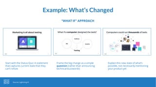 Example: What’s Changed
Source: Lightning AI
Start with the Status Quo: A statement
that captures current state that they
can’t refute
Frame the big change as a simple
question (rather than announcing
technical buzzwords)
Explain this new state of what’s
possible, not necessarily mentioning
your product yet
“WHAT IF” APPROACH
 