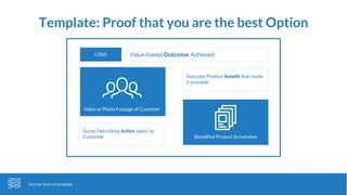 Template: Proof that you are the best Option
Video or Photo Footage of Customer
Simplified Product Screenshot
LOGO Value-based Outcome Achieved
Describe Product Benefit that made
it possible:
Quote Describing Action taken by
Customer
Source: Stick.ai template
 