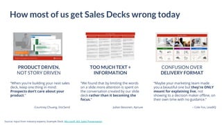 How most of us get Sales Decks wrong today
“When you’re building your next sales
deck, keep one thing in mind:
Prospects don’t care about your
product.”
-Courtney Chuang, DocSend
TOO MUCH TEXT +
INFORMATION
CONFUSION OVER
DELIVERY FORMAT
PRODUCT DRIVEN,
NOT STORY DRIVEN
“We found that by limiting the words
on a slide more attention is spent on
the conversation created by our slide
deck rather than it becoming the
focus.”
-Julian Besonen, Apruve
“Maybe your marketing team made
you a beautiful one but they're ONLY
meant for explaining live, not
showing to a decision maker offline, on
their own time with no guidance.”
– Cole Fox, LeadIQ
Source: Input from industry experts, Example Deck: Microsoft 365 Sales Presentation
 