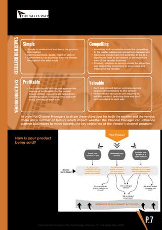 www.thesalesway.com
THE VENDOR
CHANNEL MANAGER
Channel Disconnect in the Technology Industry © The Sales Way 2016
P.7
Simple
•	 Incentives and commission should be compelling
to the reseller salesperson and partner management
•	 Revenues should have the potential to be at a
significant level to be classed as an important
part of the reseller business
•	 Product, solution or service should be attractive
and desired by customers to drive sales and
interest to the reseller.
Compelling
ValuableProfitable
•	 Simple to understand and learn the product
information
•	 Easy to purchase, quote, resell an deliver
•	 Convenient to do business with the vendor
throughout the sales cycle
•	 Each sale should deliver and appropriate
degree of profitability to the vendor
•	 Fewer vendor resources are required to
sell the product, reducing time and staff
costs involved in each sale
•	 Each sale should deliver and appropriate
degree of profitability to the vendor
•	 Fewer vendor resources are required to
sell the product, reducing time and staff
costs involved in each sale
VendorObjectives
In order for Channel Managers to attain these objectives for both the reseller and the vendor,
there are a number of factors which impact whether the Channel Manager can influence
partner businesses to move towards the key objectives of the Vendor’s channel program.
RESELLERrObjectives
How is your product
being sold?
As a vendor, do you
understand all the ways
in which your product is
being sold? Maybe you
have the luxury of keeping
tight control over how the
product is marketed, utilised,
packaged and sold.
Very often, vendors do
not control this, and are
unaware of their reseller’s
business model and sales
messaging, and as a result,
vendors target resellers with
inappropriate messaging
and incentive programs
that can’t be applied to the
reseller’s customer base.
 