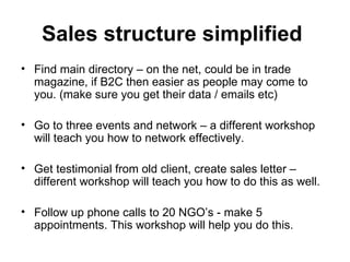 Sales structure simplified   Find main directory – on the net, could be in trade magazine, if B2C then easier as people may come to you. (make sure you get their data / emails etc) Go to three events and network – a different workshop will teach you how to network effectively.  Get testimonial from old client, create sales letter – different workshop will teach you how to do this as well.  Follow up phone calls to 20 NGO’s - make 5 appointments. This workshop will help you do this.  