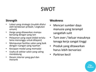 SWOT
Strength
• Lokasi yang strategis (mudah dilalui
oleh kendaraan pribadi / angkutan
umum)
• Harga yang ditawarkan mampu
bersaing dengan yang lain
• Pelayanan yang cepat (tidak terlalu
lama menunggu untuk dilayani)
• Mempunyai fasilitas salon yang baik
dengan ruangan yang nyaman
• Kesiapan modal yang memadai
• Usaha di sekitar salon yang saling
mendukung
• Desain interior yang gaul dan
menarik
Weakness
• Mencari sumber daya
manusia yang terampil
sangatlah sulit
• Turn over / keluar masuknya
tenaga kerja sangat tinggi
• Produk yang ditawarkan
harus lebih bervariasi
• Parkiran kecil
 