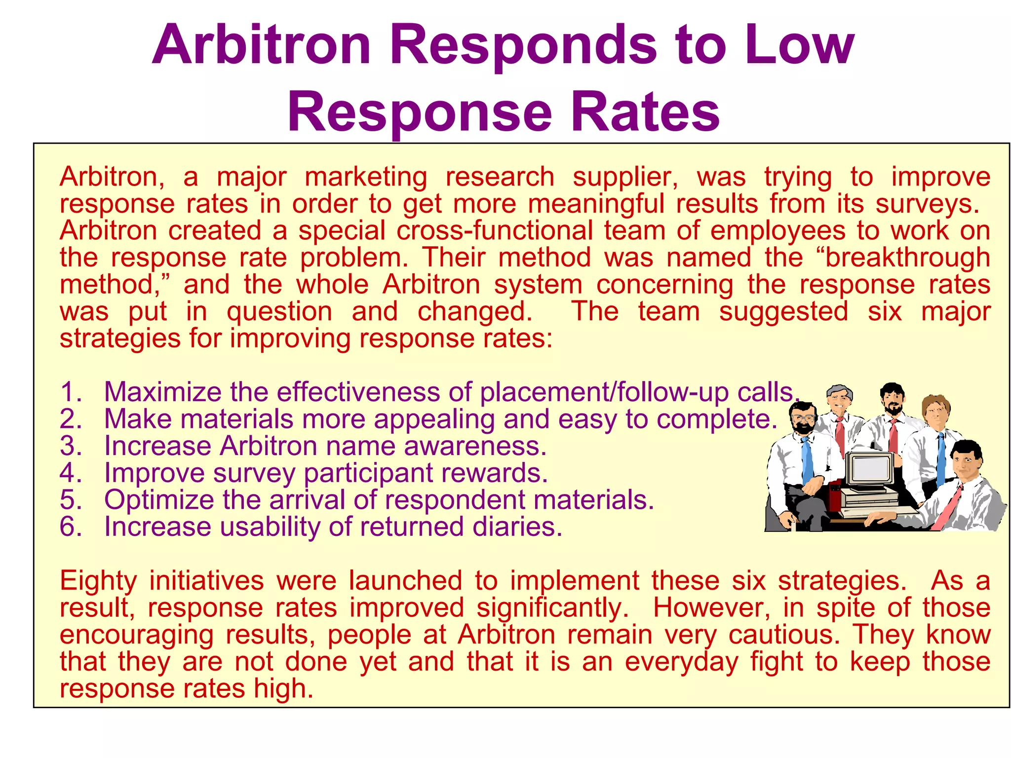 Arbitron Responds to Low
Response Rates
Arbitron, a major marketing research supplier, was trying to improve
response rates in order to get more meaningful results from its surveys.
Arbitron created a special cross-functional team of employees to work on
the response rate problem. Their method was named the “breakthrough
method,” and the whole Arbitron system concerning the response rates
was put in question and changed. The team suggested six major
strategies for improving response rates:
1. Maximize the effectiveness of placement/follow-up calls.
2. Make materials more appealing and easy to complete.
3. Increase Arbitron name awareness.
4. Improve survey participant rewards.
5. Optimize the arrival of respondent materials.
6. Increase usability of returned diaries.
Eighty initiatives were launched to implement these six strategies. As a
result, response rates improved significantly. However, in spite of those
encouraging results, people at Arbitron remain very cautious. They know
that they are not done yet and that it is an everyday fight to keep those
response rates high.
 