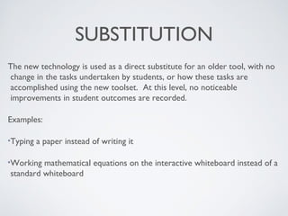SUBSTITUTION
The new technology is used as a direct substitute for an older tool, with no
change in the tasks undertaken by students, or how these tasks are
accomplished using the new toolset. At this level, no noticeable
improvements in student outcomes are recorded.
Examples:
Typing a paper instead of writing it
Working mathematical equations on the interactive whiteboard instead of a
standard whiteboard

 