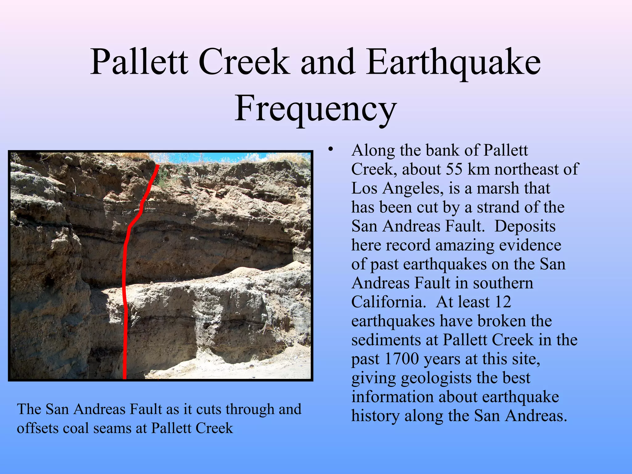 Pallett Creek and Earthquake 
Frequency 
• Along the bank of Pallett 
Creek, about 55 km northeast of 
Los Angeles, is a marsh that 
has been cut by a strand of the 
San Andreas Fault. Deposits 
here record amazing evidence 
of past earthquakes on the San 
Andreas Fault in southern 
California. At least 12 
earthquakes have broken the 
sediments at Pallett Creek in the 
past 1700 years at this site, 
giving geologists the best 
information about earthquake 
history The San Andreas Fault as it cuts through and along the San Andreas. 
offsets coal seams at Pallett Creek 
 