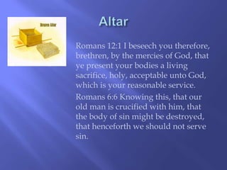 Romans 12:1 I beseech you therefore, 
brethren, by the mercies of God, that 
ye present your bodies a living 
sacrifice, holy, acceptable unto God, 
which is your reasonable service. 
Romans 6:6 Knowing this, that our 
old man is crucified with him, that 
the body of sin might be destroyed, 
that henceforth we should not serve 
sin. 
 