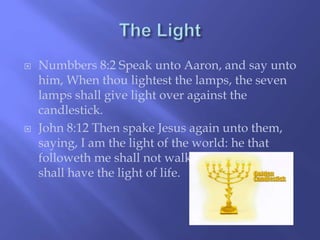  Numbbers 8:2 Speak unto Aaron, and say unto 
him, When thou lightest the lamps, the seven 
lamps shall give light over against the 
candlestick. 
 John 8:12 Then spake Jesus again unto them, 
saying, I am the light of the world: he that 
followeth me shall not walk in darkness, but 
shall have the light of life. 
 