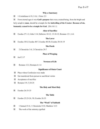 Page 3 of 7
WWhhyy aa SSaannccttuuaarryy
 1 Corinthians 6:19; 3:16; 1 Peter 2:5
 From eternal ages it was God's purpose that every created being, from the bright and
holy seraph to man, should be a temple for the indwelling of the Creator. Because of sin,
humanity ceased to be a temple for God. {DA 161.1}
AAllttaarr ooff SSaaccrriiffiiccee
 Exodus 27:1-2; John 3:14; Hebrews 10:12; 13:10-12; Romans 12:1; 6:6
TThhee LLaavveerr
 Exodus 38:8, Exodus 40:7; Exodus 40:30; Exodus 30:18-19
TThhee PPoorrcchh
 2 Chronicles 3:4; 2 Chronicles 29:7
PPllaaccee ooff WWeeeeppiinngg
 Joel 2:17
NNeewwnneessss ooff LLiiffee
 Romans 12:2; Romans 6:1-4
SSiiggnniiffiiccaannccee ooff OOuutteerr CCoouurrtt
 Place where Confession was made
 Sin transferred from person to sacrificial victim
 Acceptance of sacrifice
 Romans 5:9; 3:24-25
TThhee HHoollyy aanndd MMoosstt HHoollyy
 Exodus 26:33-35
TThhee TTaabbllee
 Exodus 25:23-24, 30; Exodus 26:35
TThhee ““WWoorrkk”” ooff SSaabbbbaatthh
 1 Samuel 21:6; 1 Chronicles 9:32; Matthew 12:5
 The work of the ministry typified
 