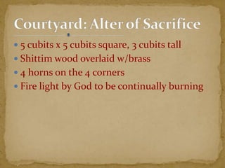  5 cubits x 5 cubits square, 3 cubits tall
 Shittim wood overlaid w/brass
 4 horns on the 4 corners
 Fire light by God to be continually burning
 