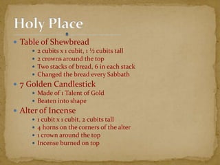  Table of Shewbread
 2 cubits x 1 cubit, 1 ½ cubits tall
 2 crowns around the top
 Two stacks of bread, 6 in each stack
 Changed the bread every Sabbath
 7 Golden Candlestick
 Made of 1 Talent of Gold
 Beaten into shape
 Alter of Incense
 1 cubit x 1 cubit, 2 cubits tall
 4 horns on the corners of the alter
 1 crown around the top
 Incense burned on top
 