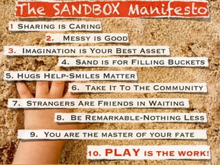 The SANDBOX Manifesto
 1 Sharing is Caring
        2. Messy is Good
3. Imagination is Your Best Asset
            4. Sand is for Filling Buckets
5. Hugs Help-Smiles Matter
              6. Take It To The Community
 7. Strangers Are Friends in Waiting
          8. Be Remarkable-Nothing Less
     9. You are the master of your fate

                 10.   PLAY IS THE WORK!
 