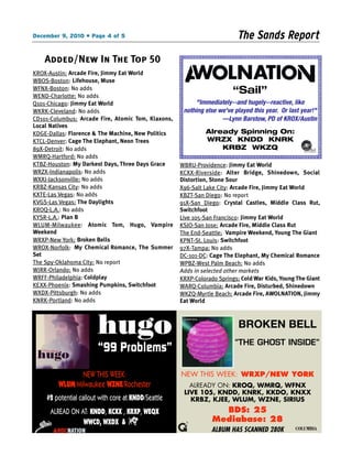 December 9, 2010 • Page 4 of 5                                            The Sands Report
    Added/New In The Top 50
KROX-Austin: Arcade Fire, Jimmy Eat World
WBOS-Boston: Lifehouse, Muse
WFNX-Boston: No adds
WEND-Charlotte: No adds
                                                                         “Sail”
Q101-Chicago: Jimmy Eat World                             "Immediately--and hugely--reactive, like
WKRK-Cleveland: No adds                               nothing else we've played this year. Or last year!"
CD101-Columbus: Arcade Fire, Atomic Tom, Klaxons,                   —Lynn Barstow, PD of KROX/Austin
Local Natives
KDGE-Dallas: Florence & The Machine, New Politics             Already Spinning On:
KTCL-Denver: Cage The Elephant, Neon Trees                    WRZX KNDD KNRK
89X-Detroit: No adds                                              KRBZ WKZQ
WMRQ-Hartford: No adds
KTBZ-Houston: My Darkest Days, Three Days Grace      WBRU-Providence: Jimmy Eat World
WRZX-Indianapolis: No adds                           KCXX-Riverside: Alter Bridge, Shinedown, Social
WXXJ-Jacksonville: No adds                           Distortion, Stone Sour
KRBZ-Kansas City: No adds                            X96-Salt Lake City: Arcade Fire, Jimmy Eat World
KXTE-Las Vegas: No adds                              KBZT-San Diego: No report
KVGS-Las Vegas: The Daylights                        91X-San Diego: Crystal Castles, Middle Class Rut,
KROQ-L.A.: No adds                                   Switchfoot
KYSR-L.A.: Plan B                                    Live 105-San Francisco: Jimmy Eat World
WLUM-Milwaukee: Atomic Tom, Hugo, Vampire            KSJO-San Jose: Arcade Fire, Middle Class Rut
Weekend                                              The End-Seattle: Vampire Weekend, Young The Giant
WRXP-New York: Broken Bells                          KPNT-St. Louis: Switchfoot
WROX-Norfolk: My Chemical Romance, The Summer        97X-Tampa: No adds
Set                                                  DC-101-DC: Cage The Elephant, My Chemical Romance
The Spy-Oklahoma City: No report                     WPBZ-West Palm Beach: No adds
WJRR-Orlando: No adds                                Adds in selected other markets
WRFF-Philadelphia: Coldplay                          KRXP-Colorado Springs: Cold War Kids, Young The Giant
KEXX-Phoenix: Smashing Pumpkins, Switchfoot          WARQ-Columbia: Arcade Fire, Disturbed, Shinedown
WXDX-Pittsburgh: No adds                             WKZQ-Myrtle Beach: Arcade Fire, AWOLNATION, Jimmy
KNRK-Portland: No adds                               Eat World



                                                                           BROKEN BELL
                                                                         “THE GHOST INSIDE”
                        “99 Problems”

                NEW THIS WEEK:                       NEW THIS WEEK: WRXP/NEW YORK
         WLUM/Milwaukee WZNE/Rochester                  ALREADY ON: KROQ, WMRQ, WFNX
                                                      LIVE 105, KNDD, KNRK, KKDO, KNXX
    #2 potential callout with core at KNDD/Seattle      KRBZ, KJEE, WLUM, WZNE, SIRIUS
      ALREAD ON AT: KNDD, KCXX , KRXP, WEQX                        BDS: 25
                 WWCD, WXDX &                                    Mediabase: 28
                                                                 ALBUM HAS SCANNED 280K
 