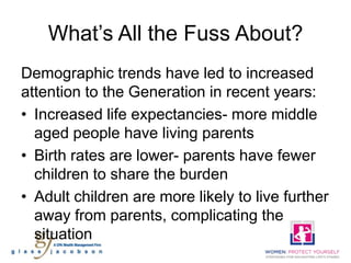 What’s All the Fuss About?
Demographic trends have led to increased
attention to the Generation in recent years:
• Increased life expectancies- more middle
  aged people have living parents
• Birth rates are lower- parents have fewer
  children to share the burden
• Adult children are more likely to live further
  away from parents, complicating the
  situation
 