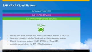 ©  2014 SAP AG. All rights reserved. 14
This presentation and SAP‘s strategy and possible future developments are subject to change and may be changed by SAP at any time for any reason without notice. This document is
provided without a warranty of any kind, either express or implied, including but not limited to, the implied warranties of merchantability, ﬁtness for a particular purpose, or non-infringement
•  Quickly deploy and manage your existing SAP HANA licenses in the cloud
•  Seamless integration with SAP back-ends and heterogeneous sources
•  Flexible deployment options: 128GB, 256GB, 512G and 1TB.
•  Available exclusively on the SAP HANA Marketplace
SAP Cloud
SAP HANA APP SERVICES
SAP HANA INFRASTRUCTURE SERVICES
SAP HANA DB SERVICES
SAP HANA Cloud Platform
©  2014 SAP AG. All rights reserved. 14
This presentation and SAP‘s strategy and possible future developments are subject to change and may be changed by SAP at any time for any reason without notice. This document is
provided without a warranty of any kind, either express or implied, including but not limited to, the implied warranties of merchantability, ﬁtness for a particular purpose, or non-infringement
 