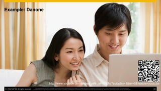 ©  2014 SAP AG. All rights reserved. 24
This presentation and SAP‘s strategy and possible future developments are subject to change and may be changed by SAP at any time for any reason without notice. This document is
provided without a warranty of any kind, either express or implied, including but not limited to, the implied warranties of merchantability, ﬁtness for a particular purpose, or non-infringement
Example: Danone
http://www.youtube.com/embed/yaN-_eP4ORM/?autoplay=1&rel=0&feature=youtu.be
©  2014 SAP AG. All rights reserved. 24
This presentation and SAP‘s strategy and possible future developments are subject to change and may be changed by SAP at any time for any reason without notice. This document is
provided without a warranty of any kind, either express or implied, including but not limited to, the implied warranties of merchantability, ﬁtness for a particular purpose, or non-infringement
 