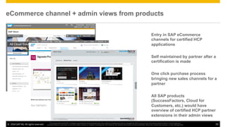 ©  2014 SAP AG. All rights reserved. 39
This presentation and SAP‘s strategy and possible future developments are subject to change and may be changed by SAP at any time for any reason without notice. This document is
provided without a warranty of any kind, either express or implied, including but not limited to, the implied warranties of merchantability, ﬁtness for a particular purpose, or non-infringement
eCommerce channel + admin views from products
Entry in SAP eCommerce
channels for certified HCP
applications
Self maintained by partner after a
certification is made
One click purchase process
bringing new sales channels for a
partner
All SAP products
(SuccessFactors, Cloud for
Customers, etc.) would have
overview of certified HCP partner
extensions in their admin views
 