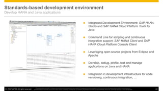 ©  2014 SAP AG. All rights reserved. 44
This presentation and SAP‘s strategy and possible future developments are subject to change and may be changed by SAP at any time for any reason without notice. This document is
provided without a warranty of any kind, either express or implied, including but not limited to, the implied warranties of merchantability, ﬁtness for a particular purpose, or non-infringement
Standards-based development environment
Develop HANA and Java applications
n  Integrated Development Environment: SAP HANA
Studio and SAP HANA Cloud Platform Tools for
Java
n  Command Line for scripting and continuous
integration support: SAP HANA Client and SAP
HANA Cloud Platform Console Client
n  Leveraging open source projects from Eclipse and
Apache
n  Develop, debug, profile, test and manage
applications on Java and HANA
n  Integration in development infrastructure for code
versioning, continuous integration, …
 