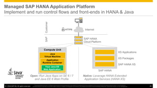 ©  2014 SAP AG. All rights reserved. 45
This presentation and SAP‘s strategy and possible future developments are subject to change and may be changed by SAP at any time for any reason without notice. This document is
provided without a warranty of any kind, either express or implied, including but not limited to, the implied warranties of merchantability, ﬁtness for a particular purpose, or non-infringement
Managed SAP HANA Application Platform
Implement and run control flows and front-ends in HANA & Java
SAP HANA
XS Packages
XS Applications
SAP HANA
Cloud Platform
InternetHTTPS
CustomerSAP
Open: Run Java Apps on SE 6 / 7
and Java EE 6 Web Profile
Native: Leverage HANA Extended
Application Services (HANA XS)
SAP HANA XS
Compute Unit
Java
Virtual Machine
Application
Runtime Container
Your Java EE
Web Application
 