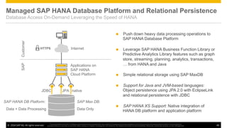 ©  2014 SAP AG. All rights reserved. 46
This presentation and SAP‘s strategy and possible future developments are subject to change and may be changed by SAP at any time for any reason without notice. This document is
provided without a warranty of any kind, either express or implied, including but not limited to, the implied warranties of merchantability, ﬁtness for a particular purpose, or non-infringement
Managed SAP HANA Database Platform and Relational Persistence
Database Access On-Demand Leveraging the Speed of HANA
n  Push down heavy data processing operations to
SAP HANA Database Platform
n  Leverage SAP HANA Business Function Library or
Predictive Analytics Library features such as graph
store, streaming, planning, analytics, transactions,
… from HANA and Java
n  Simple relational storage using SAP MaxDB
n  Support for Java and JVM-based languages:
Object persistence using JPA 2.0 with EclipseLink
and relational persistence with JDBC
n  SAP HANA XS Support: Native integration of
HANA DB platform and application platform
InternetHTTPS
CustomerSAP
Applications on
SAP HANA
Cloud Platform
JDBC nativeJPA
SAP HANA DB Platform:
Data + Data Processing
SAP Max DB:
Data Only
 