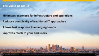 ©  2014 SAP AG. All rights reserved. 5
This presentation and SAP‘s strategy and possible future developments are subject to change and may be changed by SAP at any time for any reason without notice. This document is
provided without a warranty of any kind, either express or implied, including but not limited to, the implied warranties of merchantability, ﬁtness for a particular purpose, or non-infringement
The Value Of Cloud
Minimizes expenses for infrastructure and operations
Reduces complexity of traditional IT approaches
Allows fast response to emerging trends
Improves reach to your end users
©  2014 SAP AG. All rights reserved. 5
This presentation and SAP‘s strategy and possible future developments are subject to change and may be changed by SAP at any time for any reason without notice. This document is
provided without a warranty of any kind, either express or implied, including but not limited to, the implied warranties of merchantability, ﬁtness for a particular purpose, or non-infringement
 
