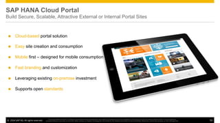 ©  2014 SAP AG. All rights reserved. 50
This presentation and SAP‘s strategy and possible future developments are subject to change and may be changed by SAP at any time for any reason without notice. This document is
provided without a warranty of any kind, either express or implied, including but not limited to, the implied warranties of merchantability, ﬁtness for a particular purpose, or non-infringement
SAP HANA Cloud Portal
Build Secure, Scalable, Attractive External or Internal Portal Sites
n  Cloud-based portal solution
n  Easy site creation and consumption
n  Mobile first – designed for mobile consumption
n  Fast branding and customization
n  Leveraging existing on-premise investment
n  Supports open standards
 