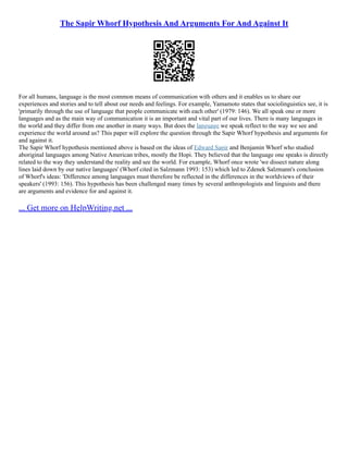 The Sapir Whorf Hypothesis And Arguments For And Against It | PDF