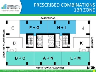 PRESCRIBED COMBINATIONS
1BR ZONE
GARNET ROAD
NORTH TOWER / AMENITIES
AMENITIES/SOUTHTOWER
AMENITIES
NFor Training Purposes Only. All details appearing herein are subject to change without prior notice and do not constitute part of any contract or offer.
 
