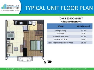 TYPICAL UNIT FLOOR PLAN
ROOM AREA (in sqm.)
Living/Dining 11.80
Kitchen 6.20
Master’s Bedroom 13.50
Master’s T & B 4.50
Total Approximate Floor Area 36.00
ONE BEDROOM UNIT
AREA DIMENSIONS
N
For Training Purposes Only. All details appearing herein are subject to change without prior notice and do not constitute part of any contract or offer.
 