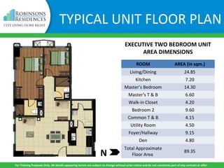 EXECUTIVE TWO BEDROOM UNIT
AREA DIMENSIONS
ROOM AREA (in sqm.)
Living/Dining 24.85
Kitchen 7.20
Master’s Bedroom 14.30
Master’s T & B 6.60
Walk-in Closet 4.20
Bedroom 2 9.60
Common T & B 4.15
Utility Room 4.50
Foyer/Hallway 9.15
Den 4.80
Total Approximate
Floor Area
89.35
N
For Training Purposes Only. All details appearing herein are subject to change without prior notice and do not constitute part of any contract or offer.
TYPICAL UNIT FLOOR PLAN
 