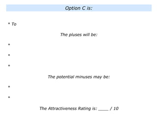 * To
The pluses will be:
*
*
*
The potential minuses may be:
*
*
The Attractiveness Rating is: ____ / 10
Option C is:
 