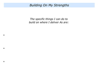 The specific things I can do to
build on where I deliver As are:
*
*
*
Building On My Strengths
 