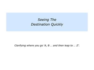 Seeing The
Destination Quickly
Clarifying where you go ‘A, B … and then leap to … Z’.
 