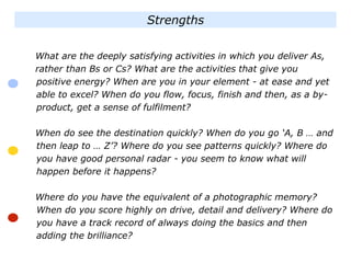 Strengths
What are the deeply satisfying activities in which you deliver As,
rather than Bs or Cs? What are the activities that give you
positive energy? When are you in your element - at ease and yet
able to excel? When do you flow, focus, finish and then, as a by-
product, get a sense of fulfilment?
When do see the destination quickly? When do you go ‘A, B … and
then leap to … Z’? Where do you see patterns quickly? Where do
you have good personal radar - you seem to know what will
happen before it happens?
Where do you have the equivalent of a photographic memory?
When do you score highly on drive, detail and delivery? Where do
you have a track record of always doing the basics and then
adding the brilliance?
 
