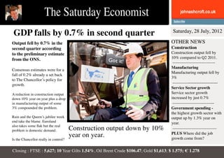 The Saturday Economist                                             johnashcroft.co.uk



 GDP falls by 0.7% in second quarter                                                 Saturday, 28 July, 2012

Output fell by 0.7% in the                                                          OTHER NEWS
second quarter according                                                            Construction
to the preliminary estimate                                                         Construction output fell by
from the ONS.                                                                       10% compared to Q2 2011.
                                                                                     -------------------------------
                                                                                    Manufacturing
Consensus estimates were for a
                                                                                    Manufacturing output fell by
fall of 0.2% already a set back
                                                                                    3%
to The Chancellor’s policy for
growth.                                                                              -------------------------------
                                                                                    Service Sector growth
A reduction in construction output                                                  Service sector growth
down 10% year on year plus a drop                                                   increased by just 0.7%
in manufacturing output of some                                                      ------------------------------
3% compounded the problem.                                                          Government spending -
                                                                                    the highest growth sector with
Rain and the Queen’s jubilee week                                                   output up by 1.3% year on
end take the blame. Euroland                                                        year.
also takes some flak but the real
problem is domestic demand.            Construction output down by 10%               --------------------------------
                                       year on year.                                PLUS Where did the job
                                                                                    growth come from?
Is the Chancellor really in control?


Closing : FTSE : 5,627; 10 Year Gilts 1.54%, Oil Brent Crude $106.47; Gold $1,613; $ 1.575; € 1.278
 