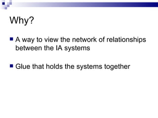 Why? A way to view the network of relationships between the IA systems Glue that holds the systems together 