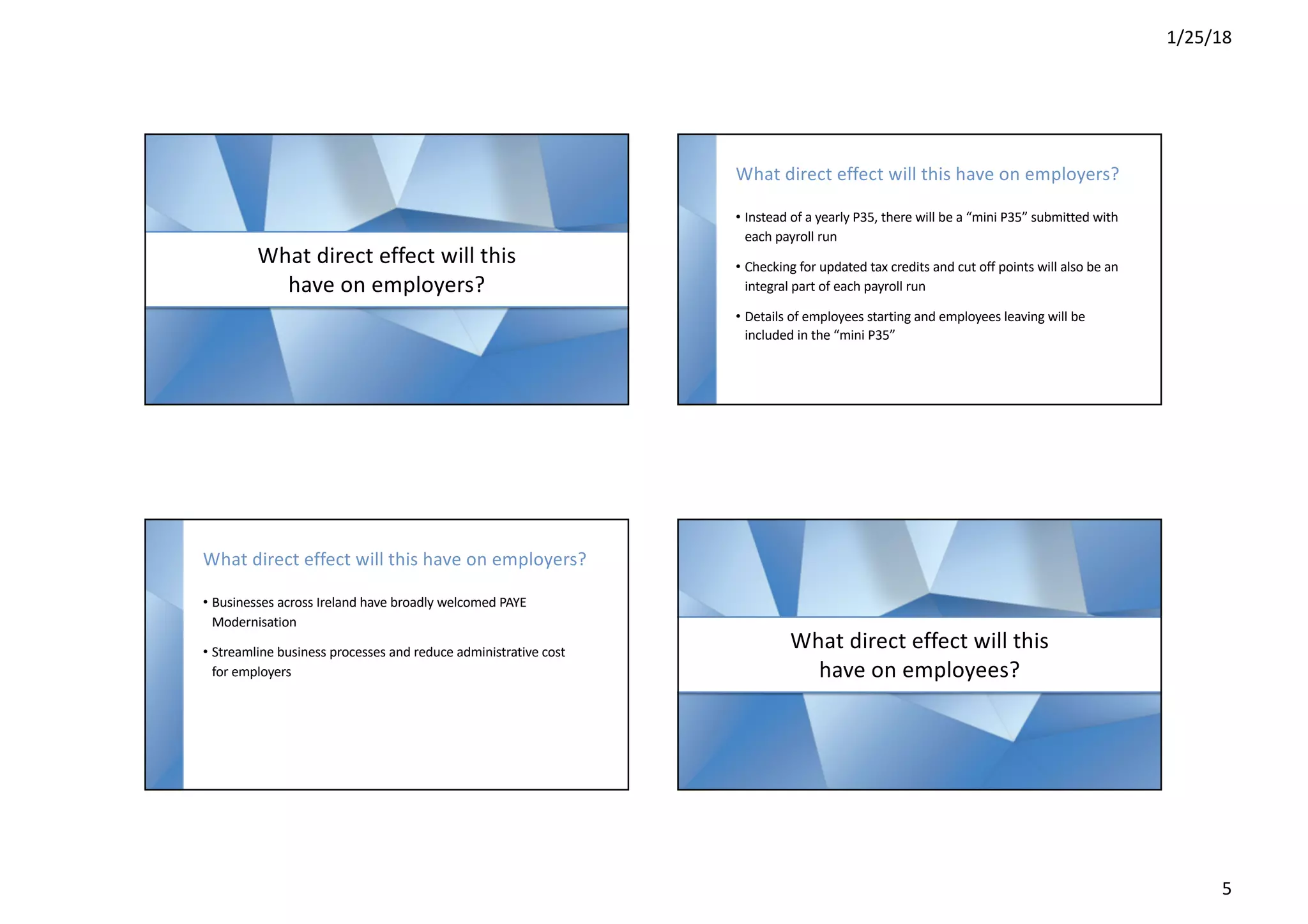 1/25/18
5
-
What direct effect will this
have on employers?
• Instead of a yearly P35, there will be a “mini P35” submitted with
each payroll run
• Checking for updated tax credits and cut off points will also be an
integral part of each payroll run
• Details of employees starting and employees leaving will be
included in the “mini P35”
What direct effect will this have on employers?
• Businesses across Ireland have broadly welcomed PAYE
Modernisation
• Streamline business processes and reduce administrative cost
for employers
What direct effect will this have on employers?
-
What direct effect will this
have on employees?
 
