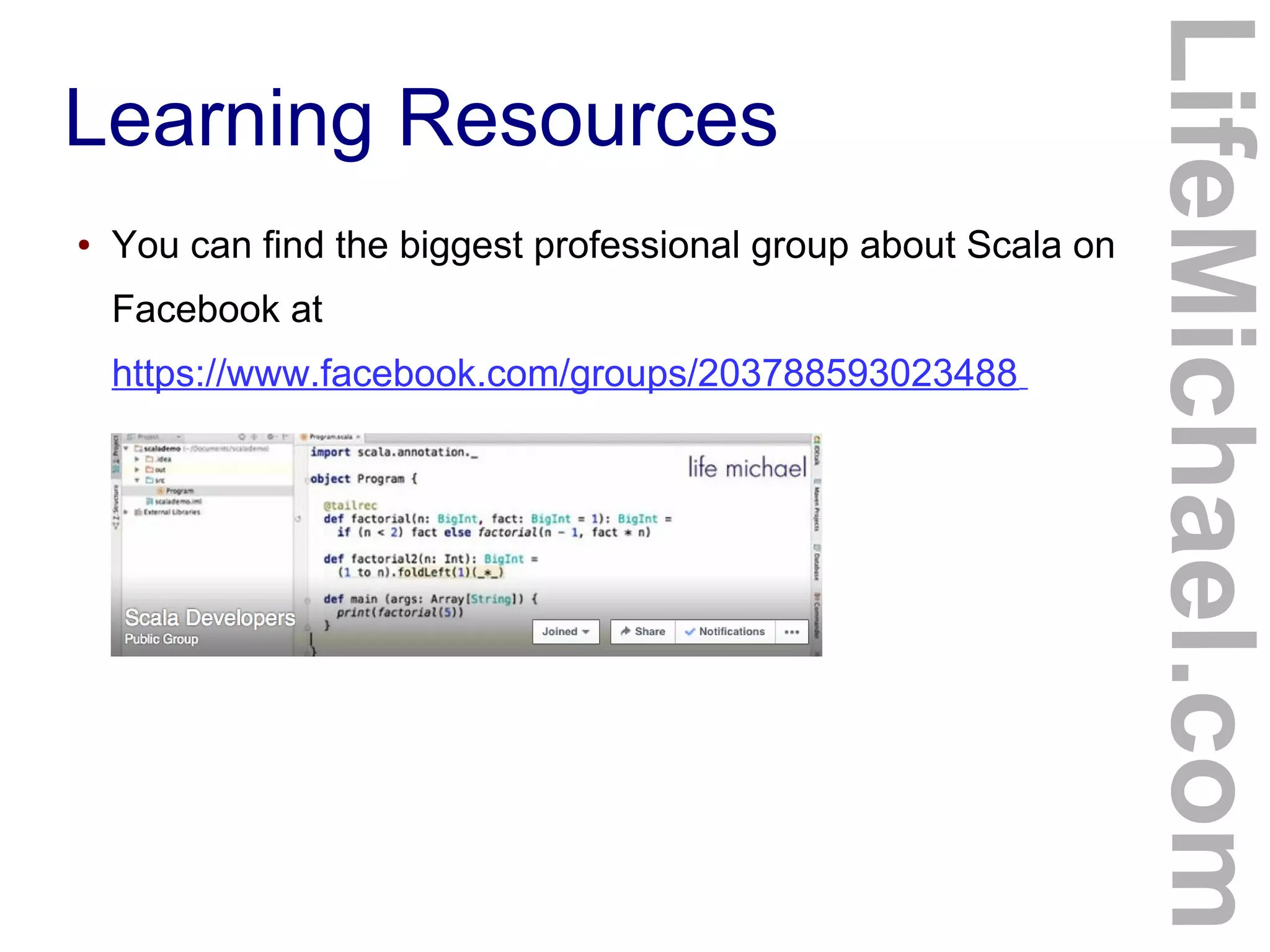 Learning Resources
● You can find the biggest professional group about Scala on
Facebook at
https://www.facebook.com/groups/203788593023488
LifeMichael.com
 