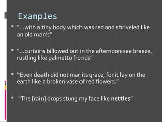 Examples
 “…with a tiny body which was red and shriveled like
an old man’s”
 “…curtains billowed out in the afternoon sea breeze,
rustling like palmetto fronds”
 “Even death did not mar its grace, for it lay on the
earth like a broken vase of red flowers.”
 “The [rain] drops stung my face like nettles”
 